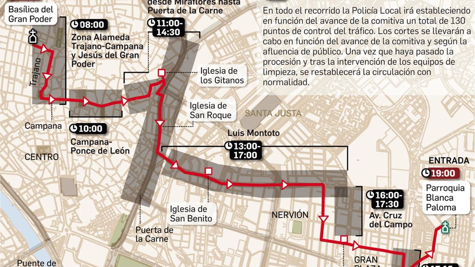 Cortes de tráfico por la procesión del Gran Poder hacia Tres Barrios