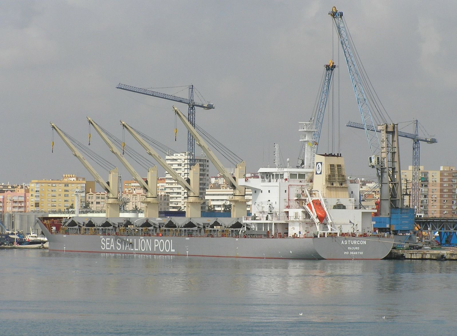 Buque 'Asturcon' descargando este lunes trigo, atracado en el muelle número 7.
