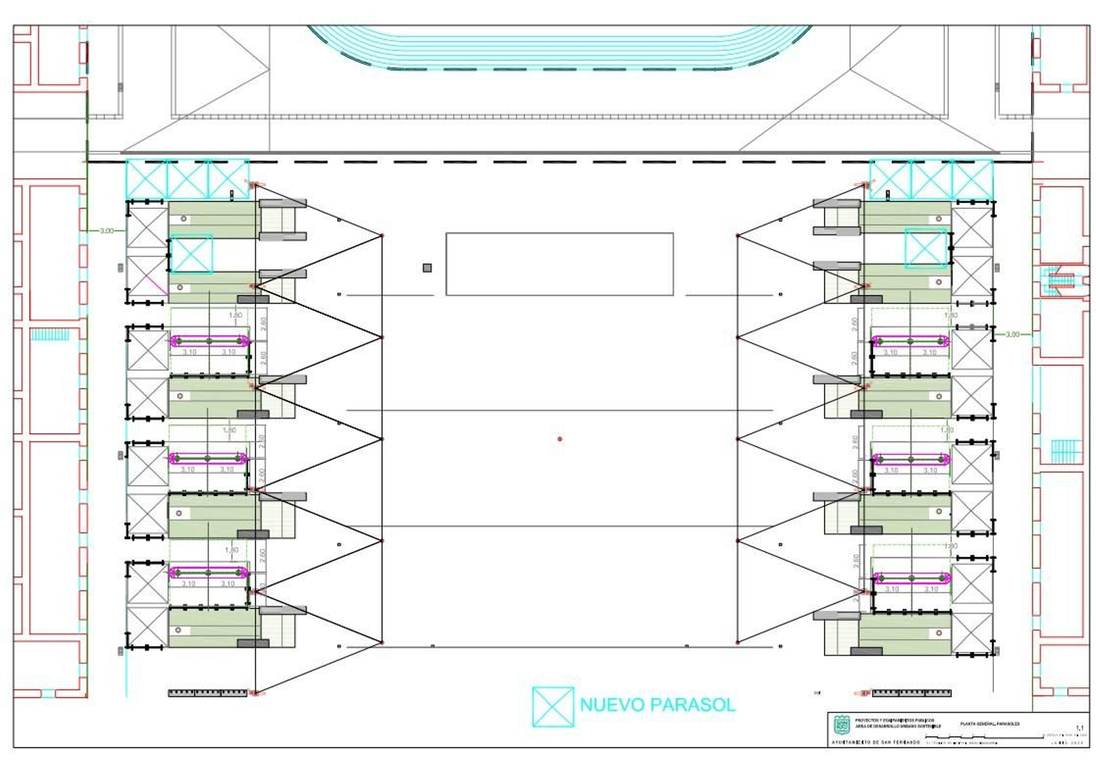 Plano en el que se especifica la ubicación de las ocho nuevas sombrillas que va a comprar el Ayuntamiento de San Fernando