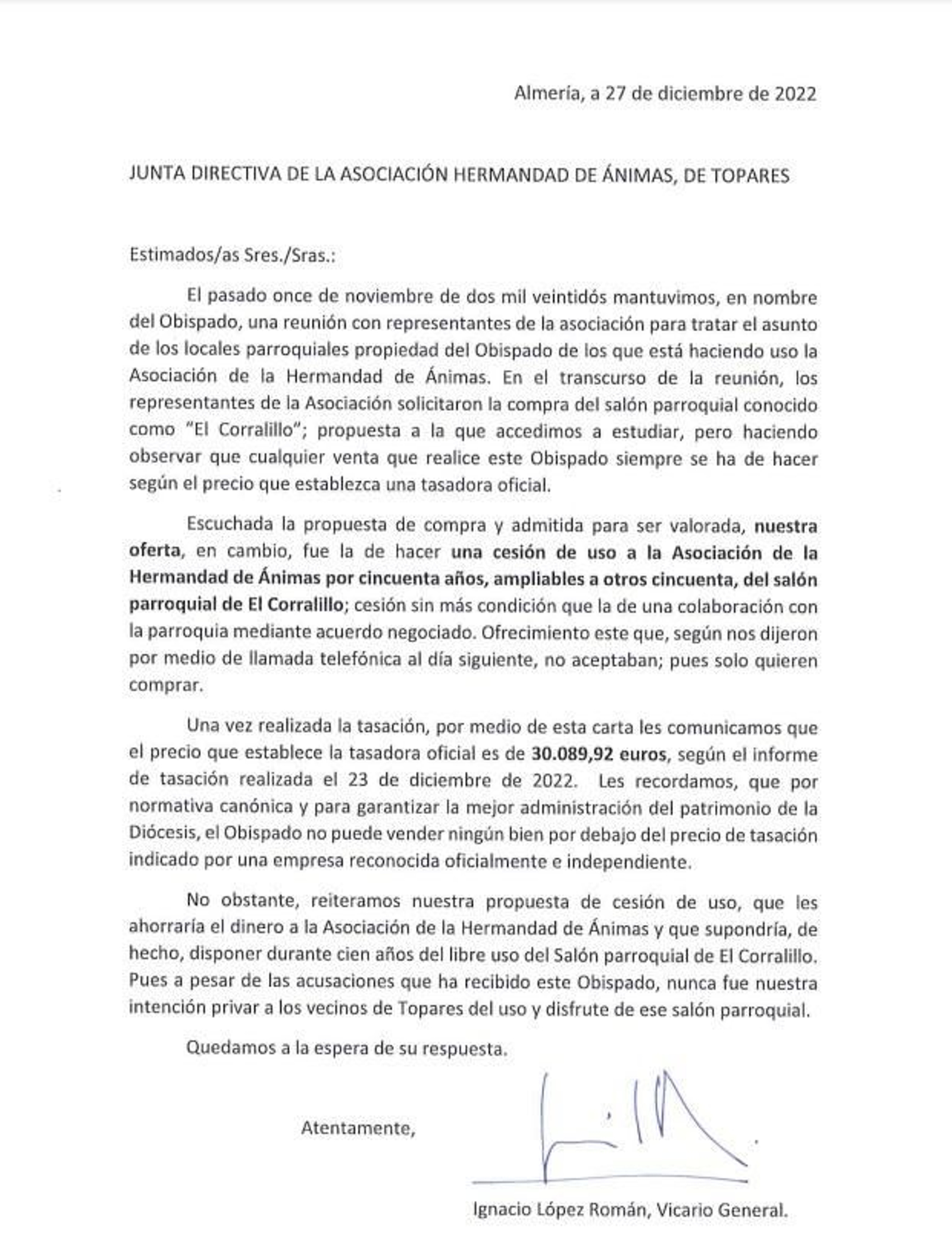 Frajmento de la carta enviada por el vicario general del Obispado de Almería, Ignacio López Román, a la Hermandad de Ánimas de Topares
