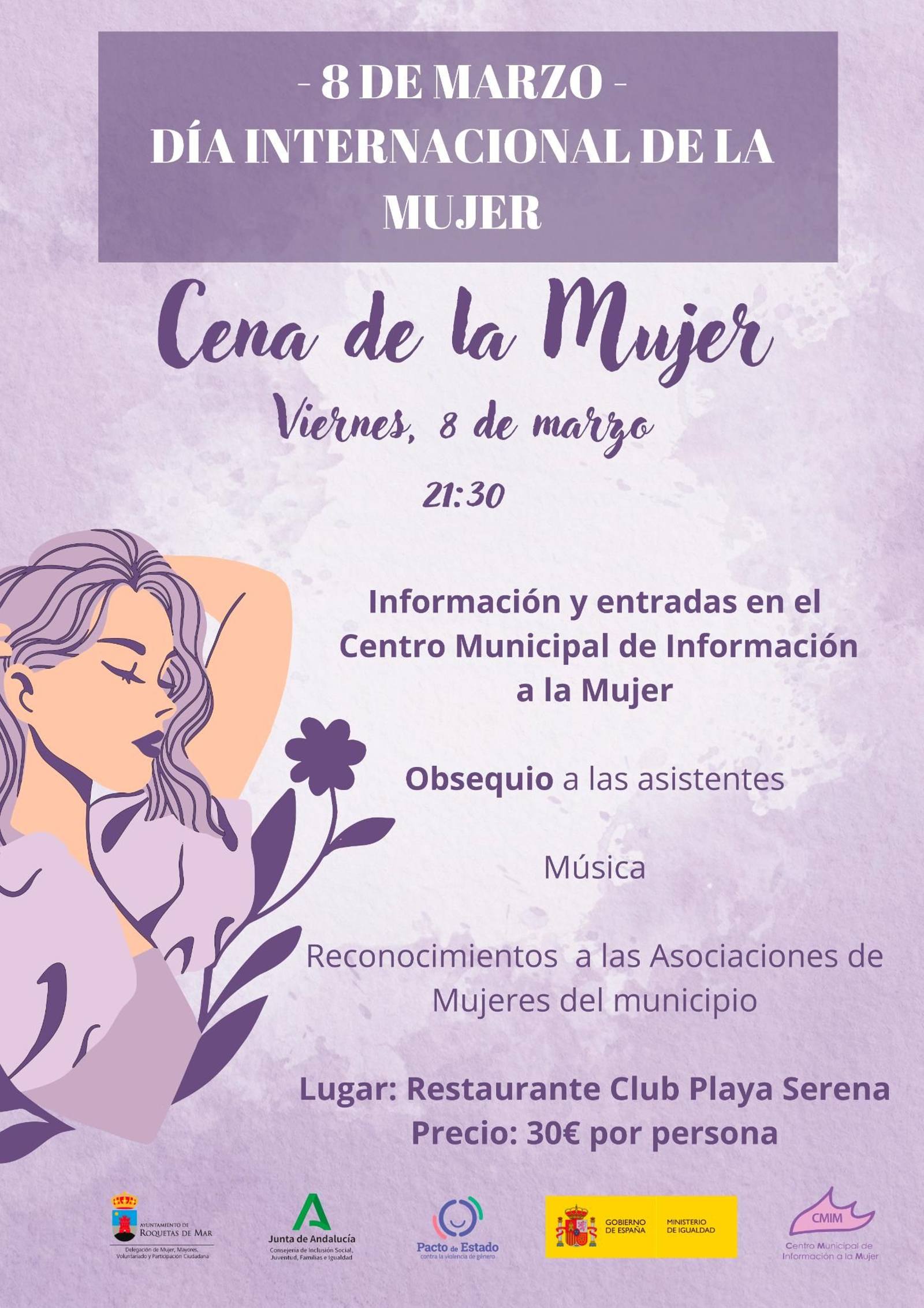 Cartel informativo de la 'Cena de la Mujer' en Roquetas de Mar.