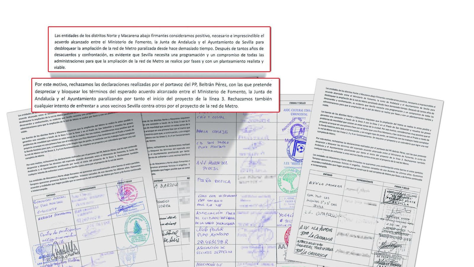 Reproducción de los documentos con las firmas de las 69 entidades vecinales de la Macarena y del Norte