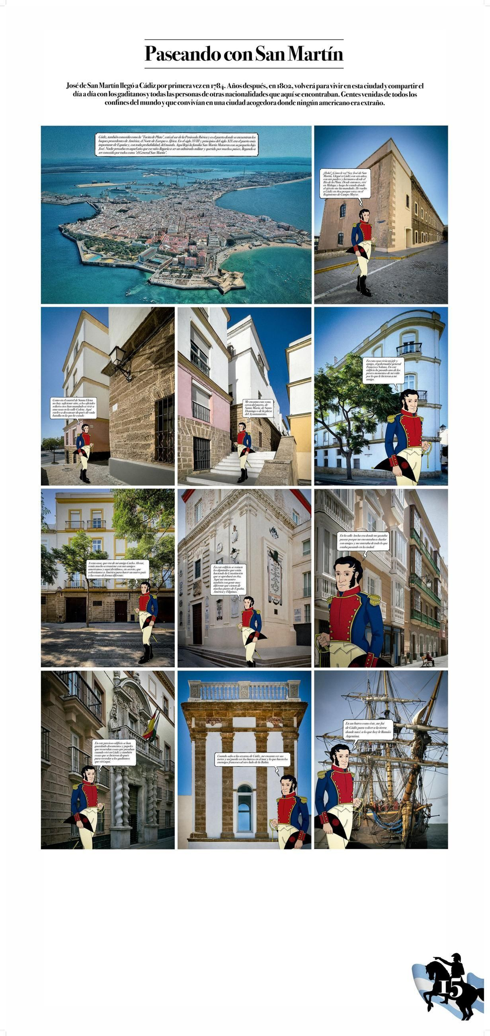 Una imagen de una ilustración del recorrido de San Martín por Cádiz, que se incluye en la exposición.