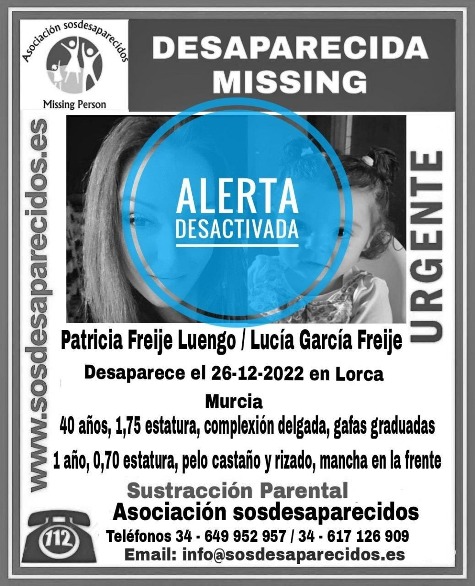 Alerta desactivada sobre la desaparición de una madre y su bebé.