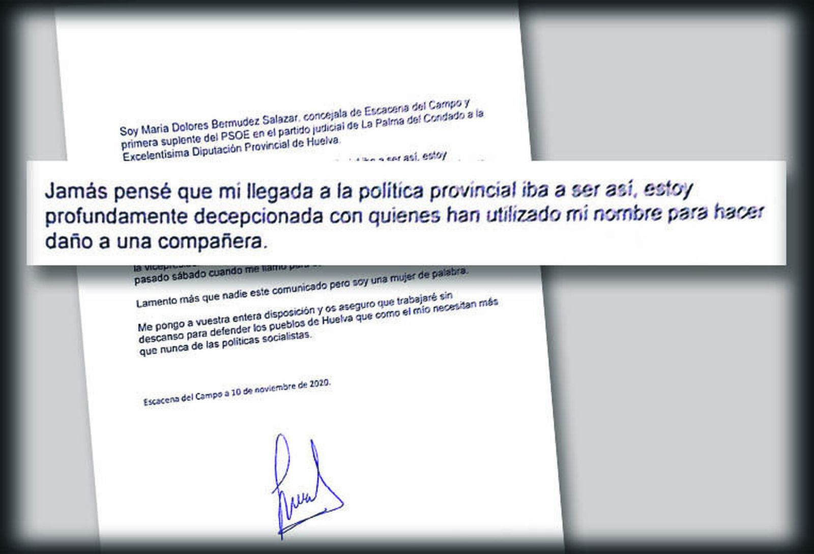 Escrito de la nueva diputada del PSOE en el que denuncia el uso de su nombre para “dañar a una compañera”