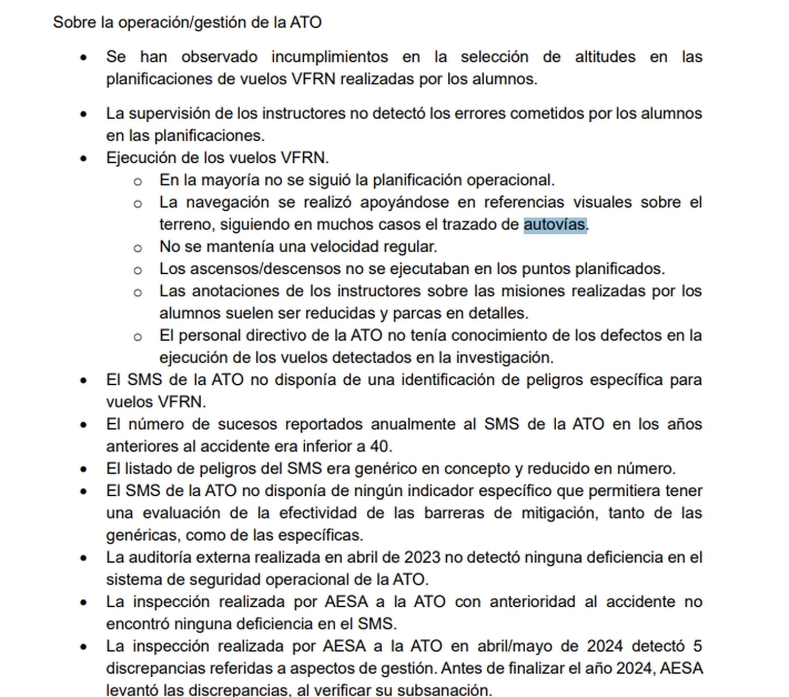 Algunas de las conclusiones relativas a One Air del informe.