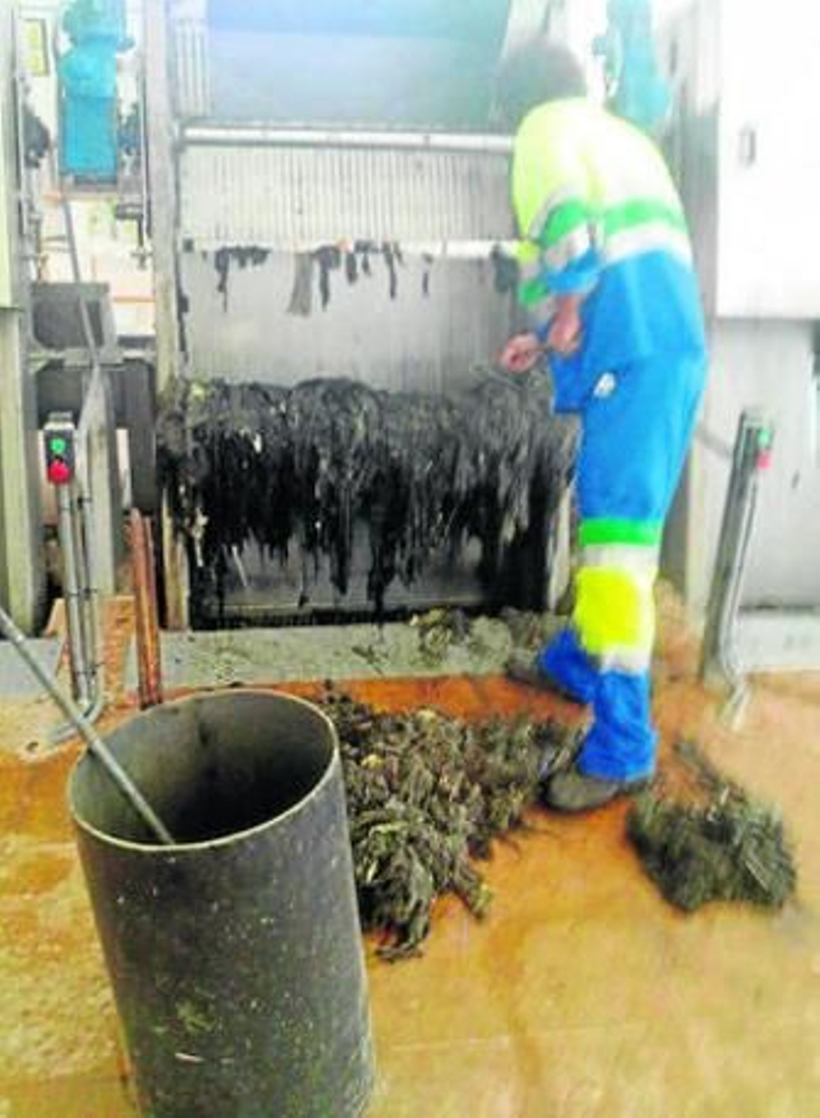 Un trabajador de la depuradora desatasca una de las nuevas máquinas.