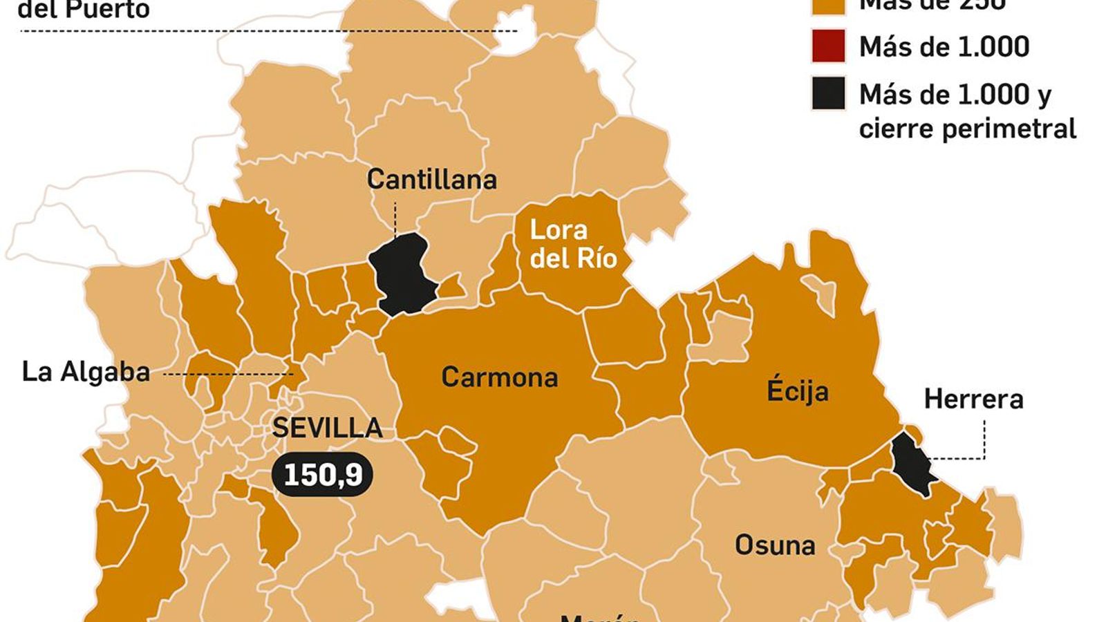 El mapa de la incidencia del Covid en la provincia de Sevilla.