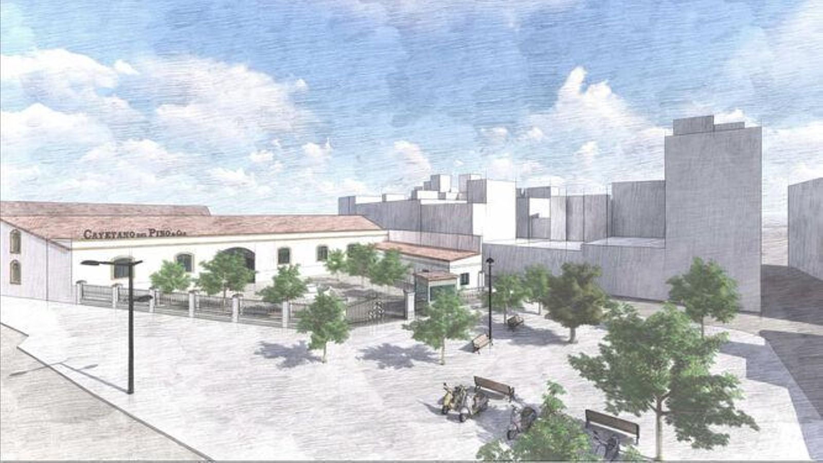 Boceto de la ampliación y transformación de Cayetano del Pino con el nuevo acceso desde la plaza Carbón.