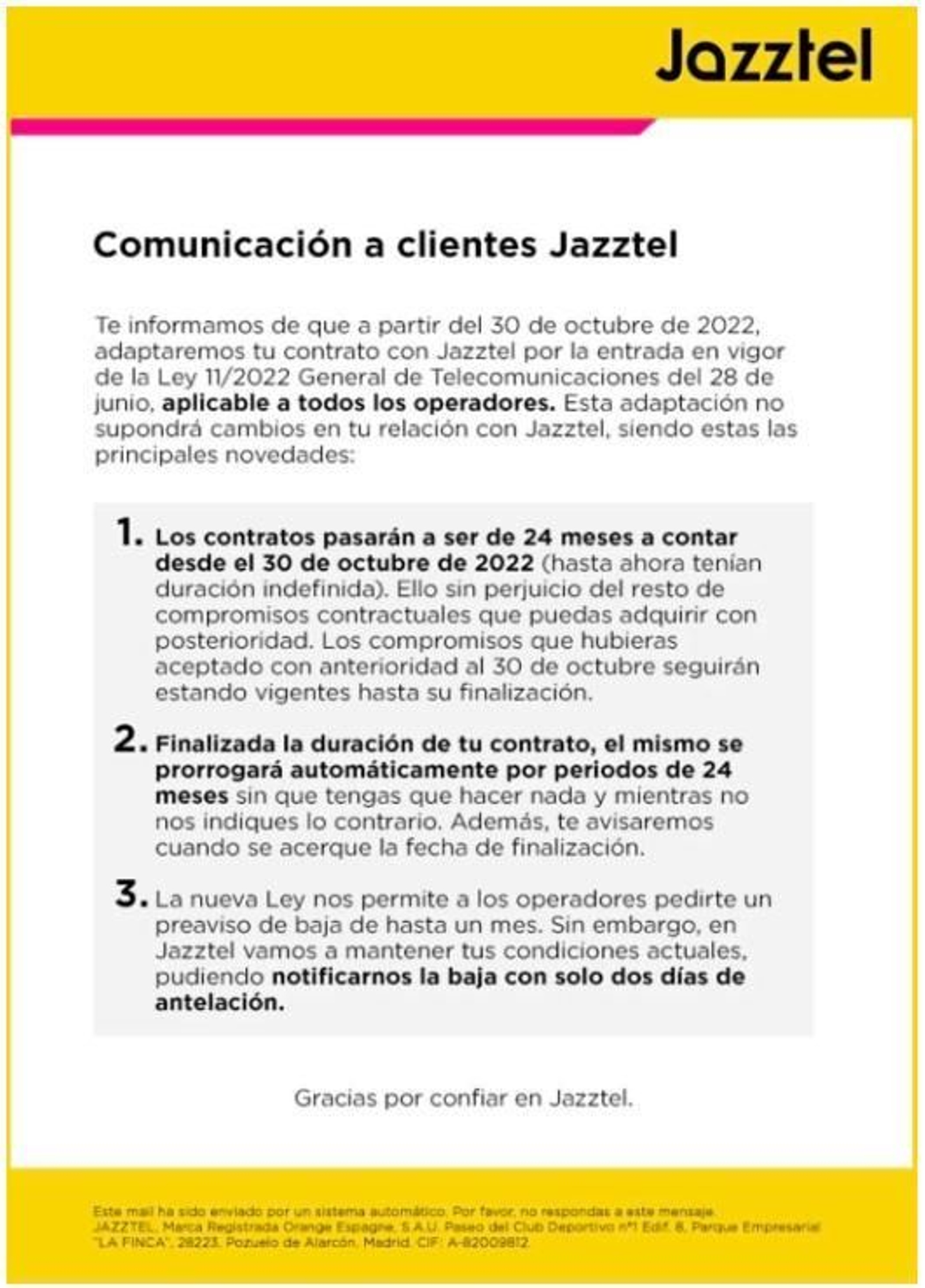 Aviso Jazztel acerca de la nueva modificación de permanencia
