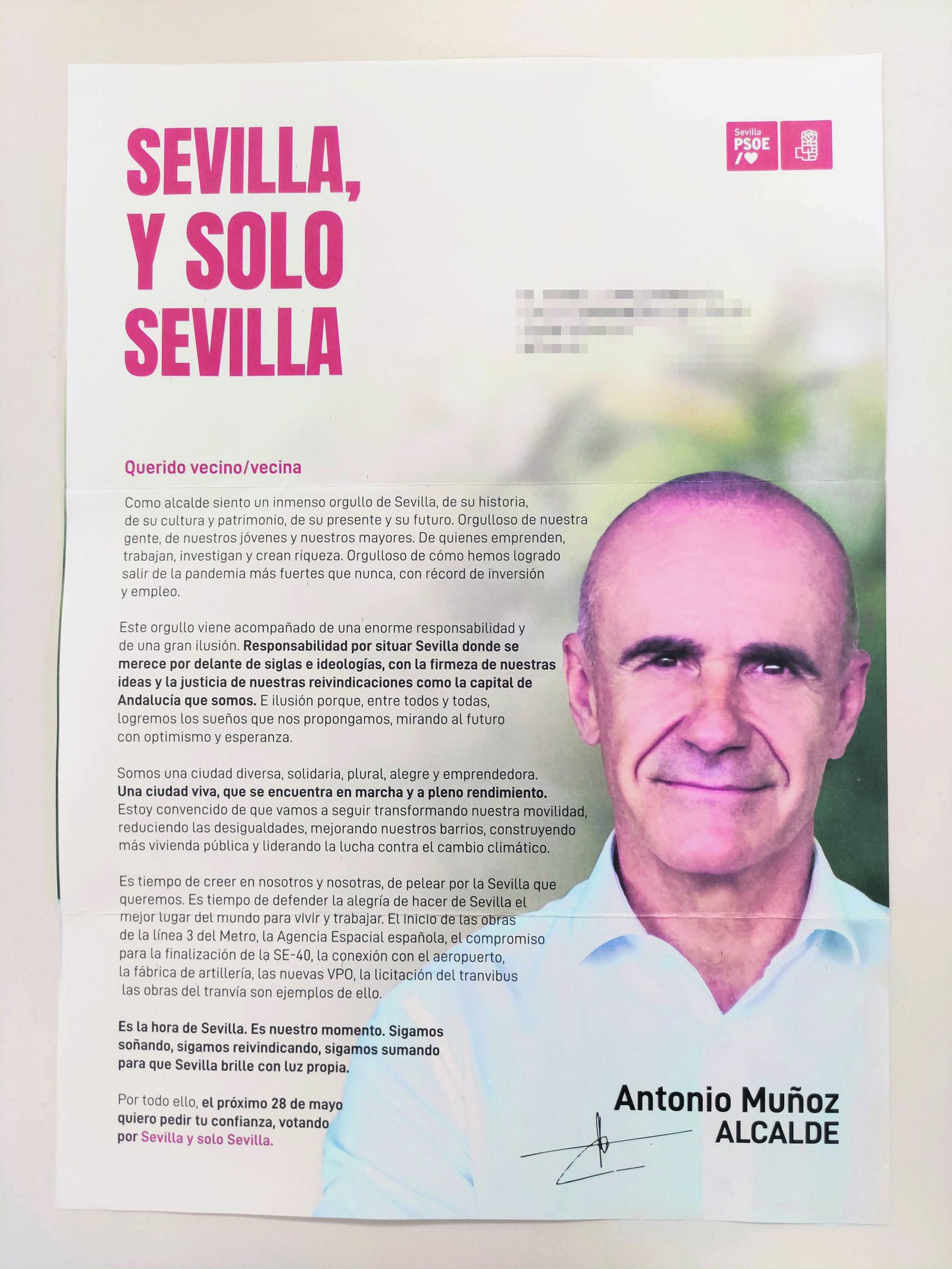 La carta enviada por el alcalde a los sevillanos pidiendo el voto.