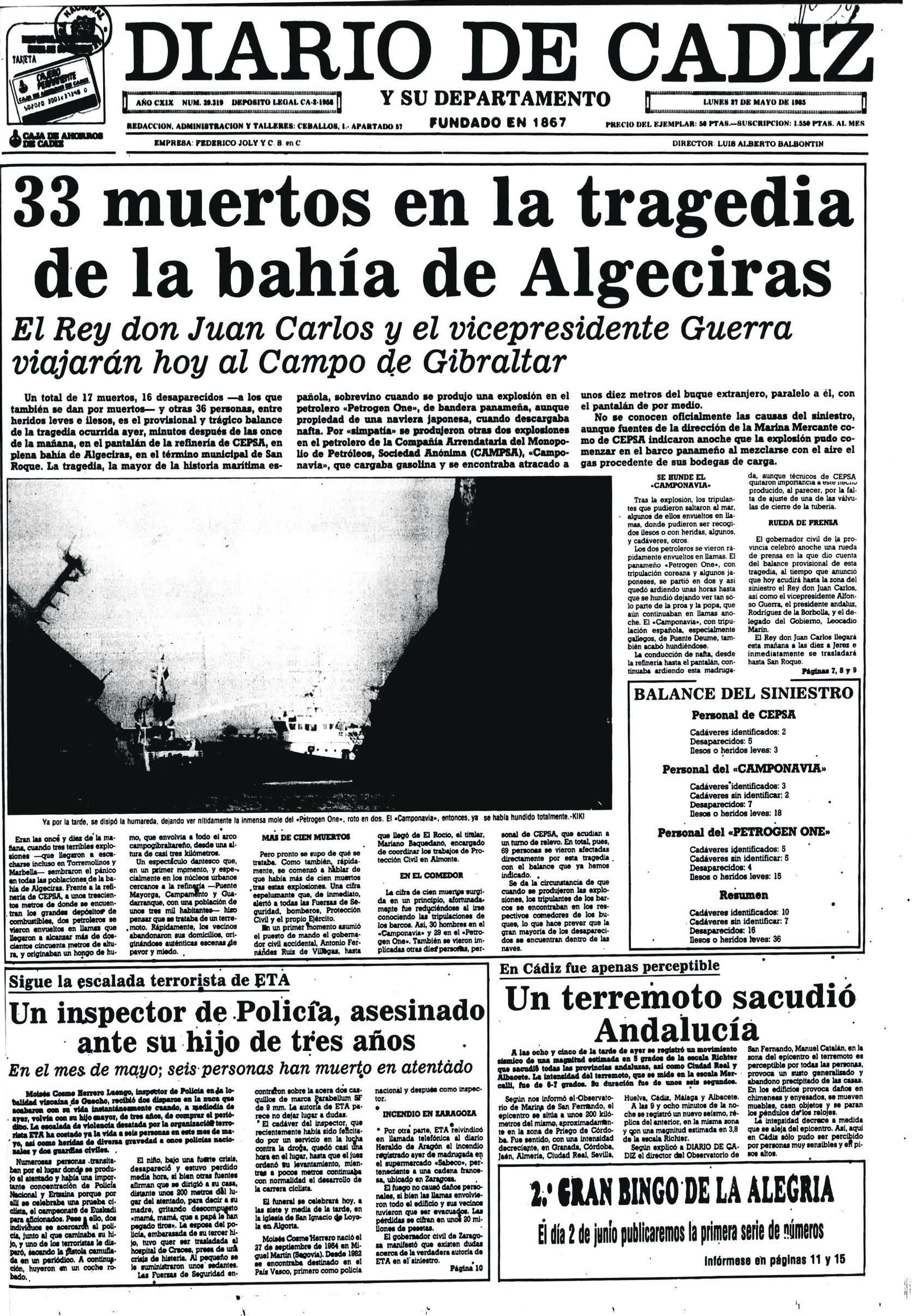 Portada del Diario de Cádiz del lunes 27 de mayo de 1985.