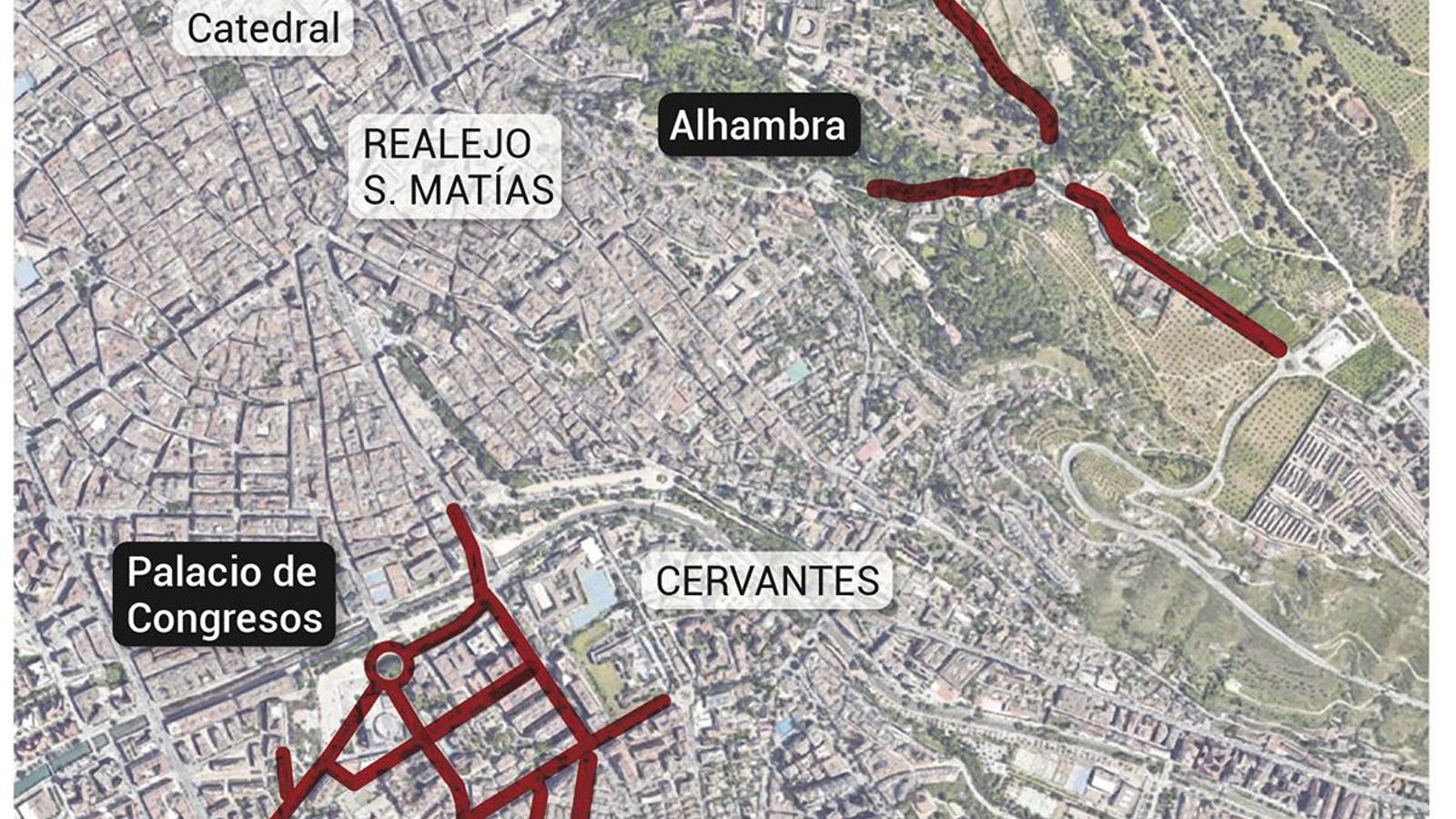 Zonas con cortes a la circulación. Fuente: Ayuntamiento de Granada.