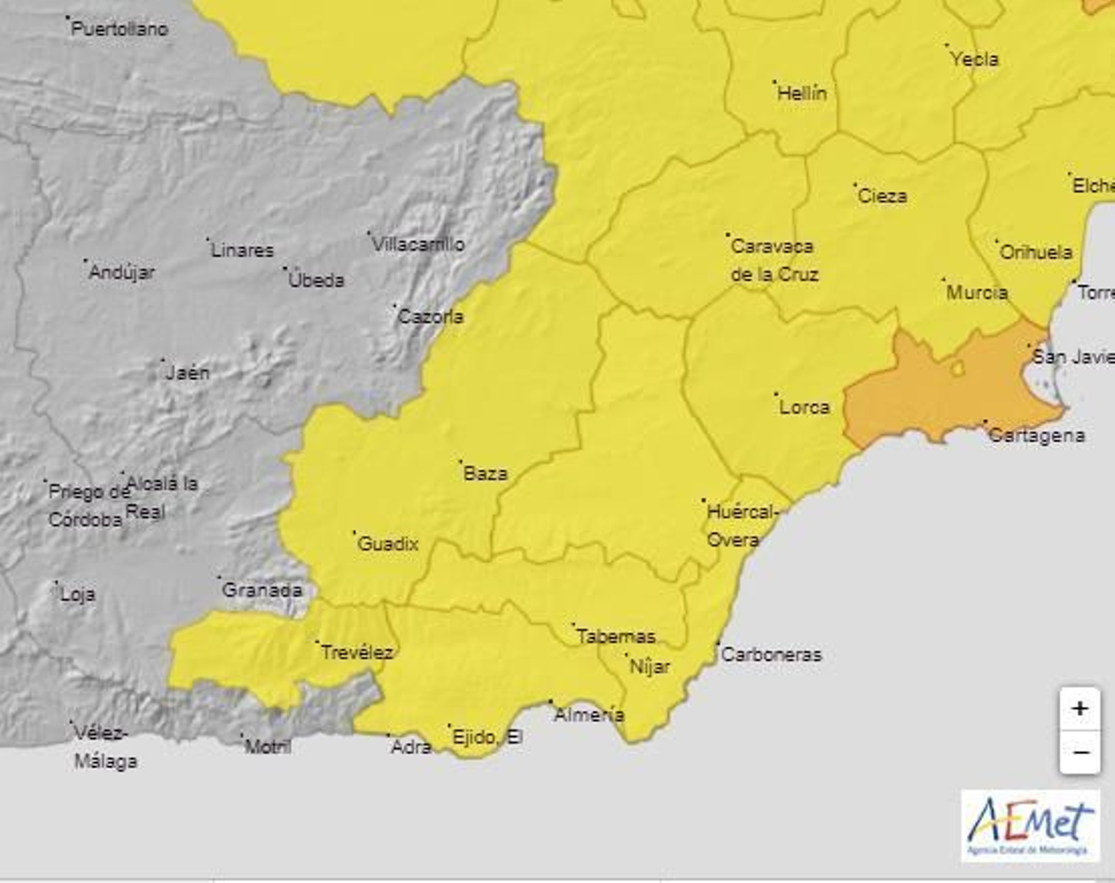 Mapa con las zonas que están en aviso amarillo.