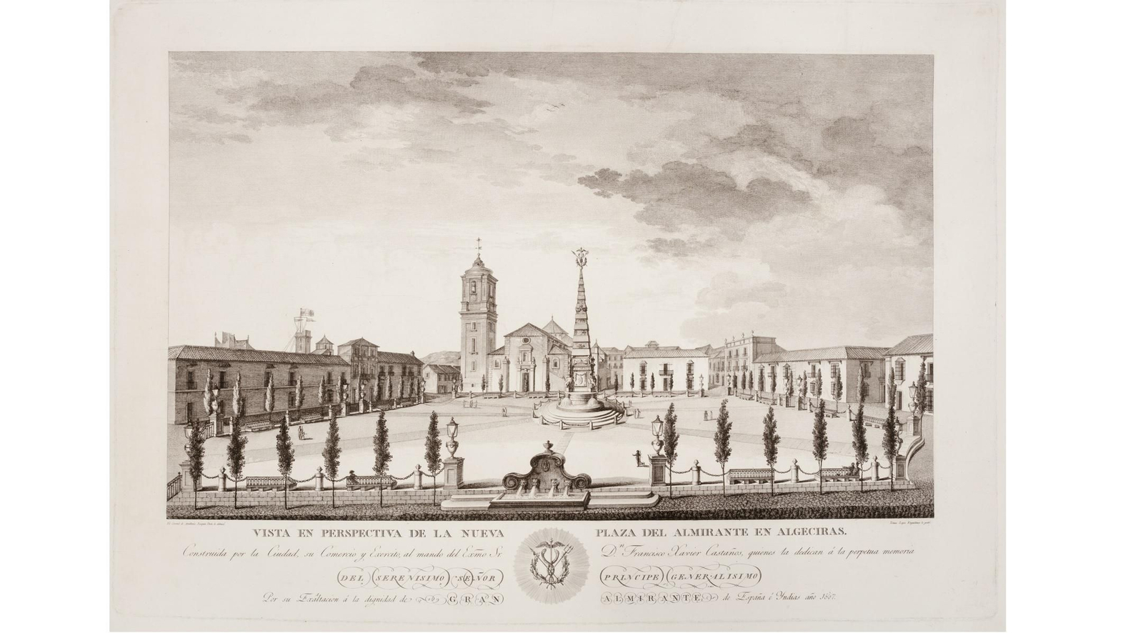 Estampa de la Plaza Alta de Algeciras, con su monumental obelisco, la iglesia de Nuestra Señora de la Palma y edificaciones circundantes, después de su renovación en 1807. Fue grabada por el reconocido grabador Tomás López de Enguídanos y estampada en los talleres de la Real Calcografía.