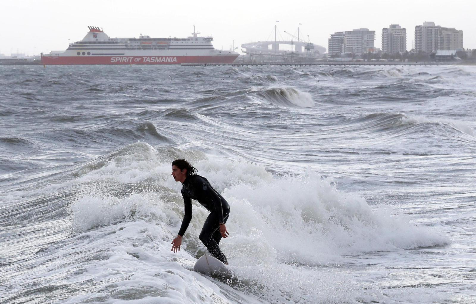 Un surfista en la bahía del puerto de Melborune.
