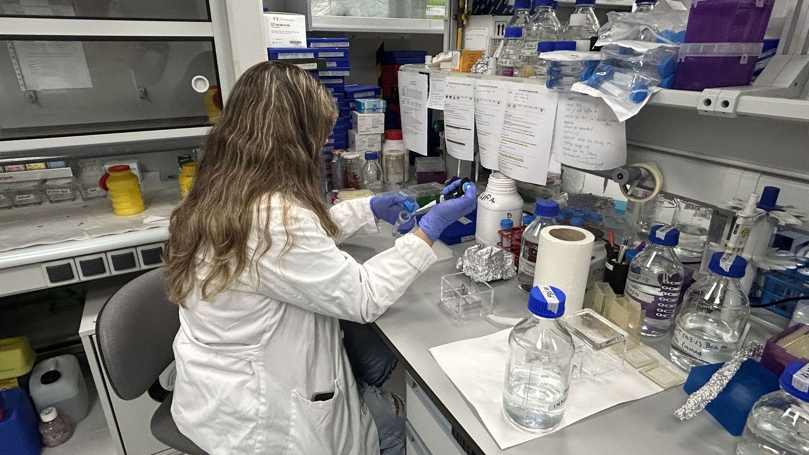 Una técnica en el laboratorio durante una jornada de trabajo.