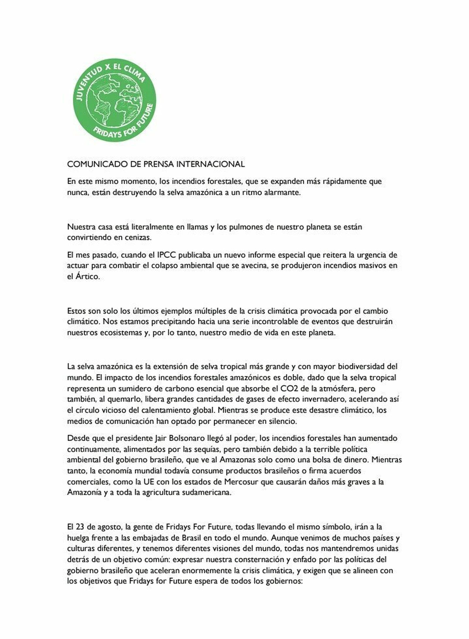 Comunicado del movimeinto Fridays For Future