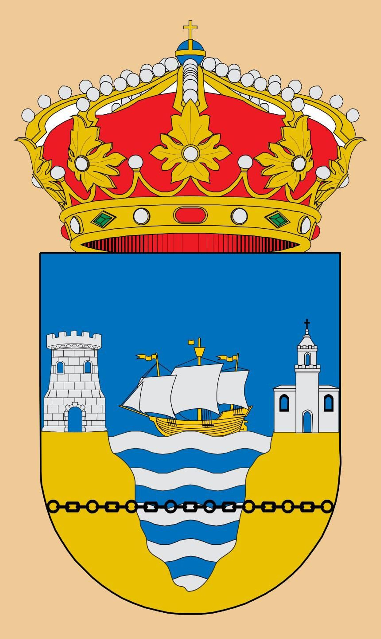 Escudo de la ciudad de Neda con la representación de las murallas de Algeciras y la cadena que cerraba la puerta del mar partida por uno de sus navíos en 1344.
