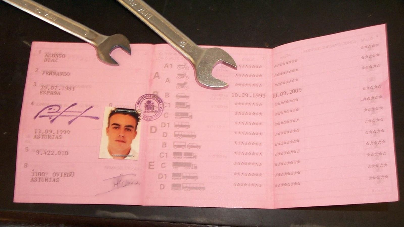 Detalle del permiso de conducir de Fernando Alonso.