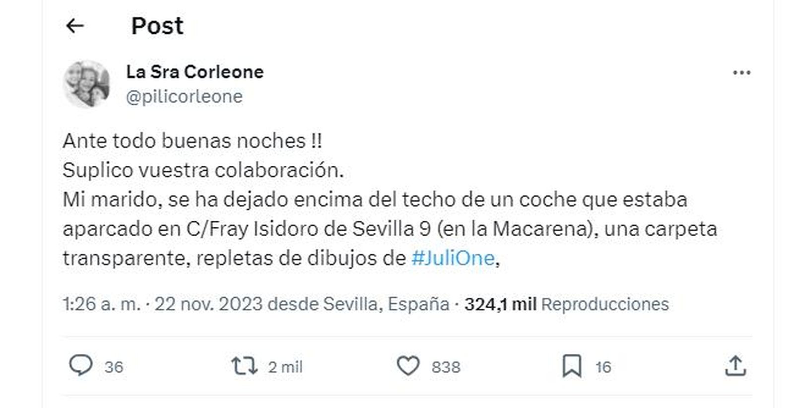 El mensaje lanzado en busca de ayuda en X, antes Twitter.