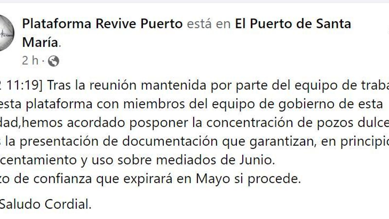 Mensaje publicado por Revive tras el encuentro mantenido con Javier Bello.