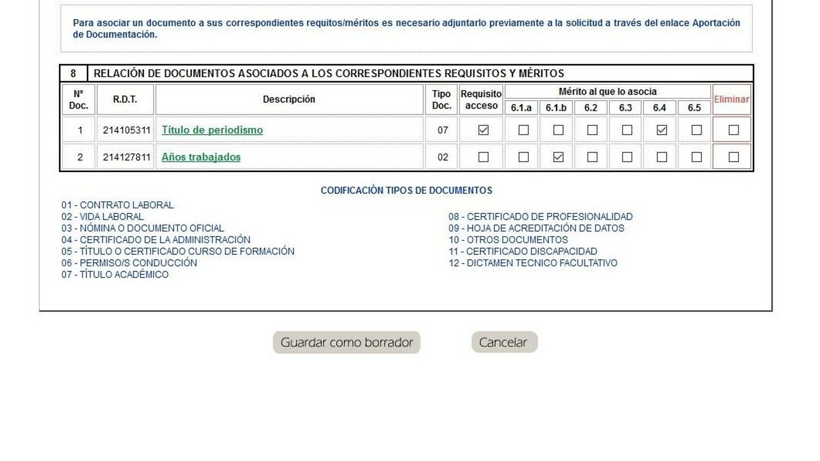 Formulario de asociación de documentos con los requisitos y méritos