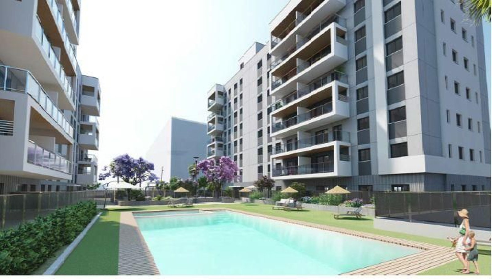 Jardines comunes con piscina para esta nueva comunidada de vivienda de protección oficial.