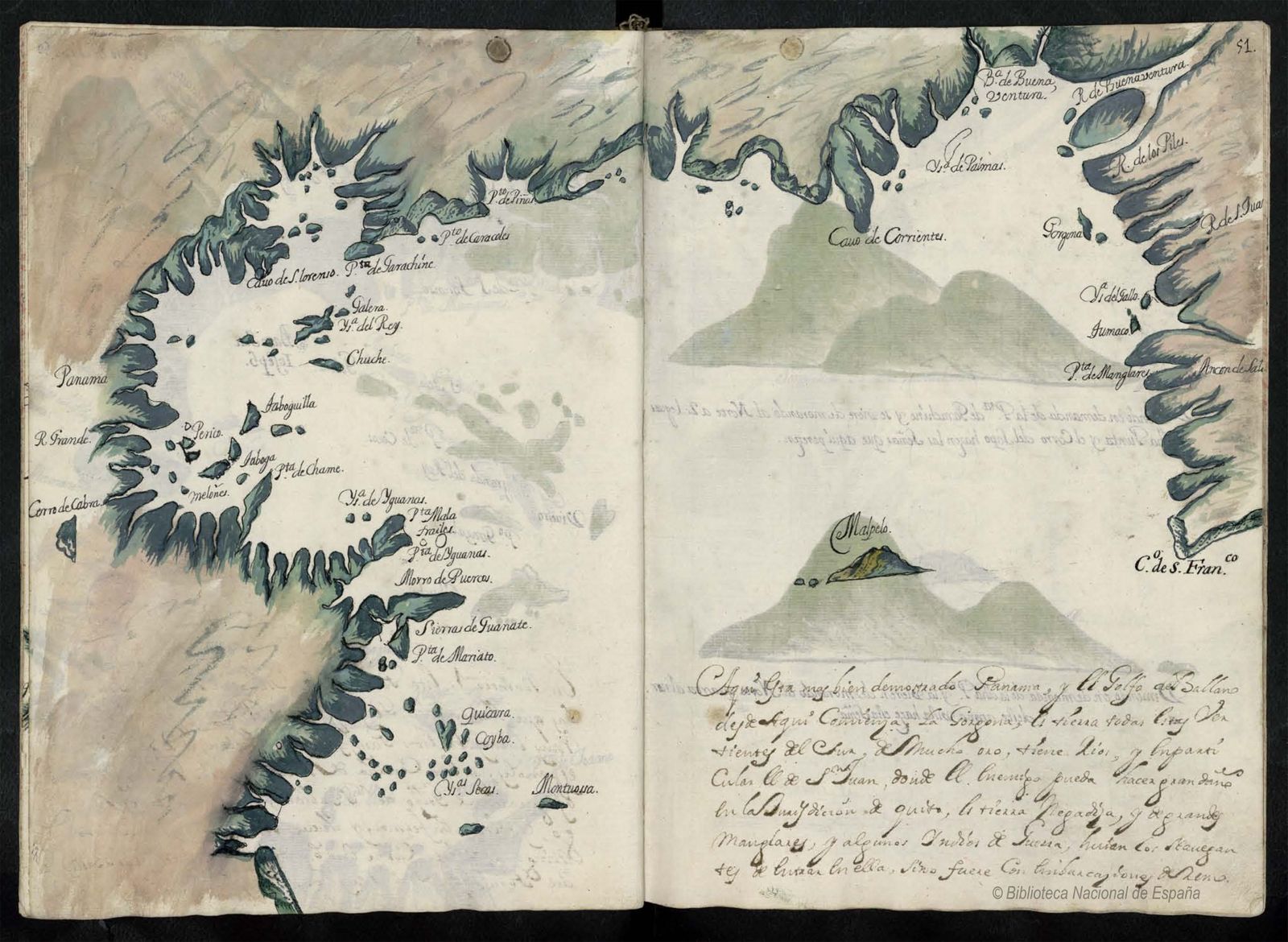 1 Golfo de Panamá. Se incluye en una recopilación de mapas de las costas de América en el mar del Sur. Siglo XVII. Biblioteca Nacional de España, Mss/2957.