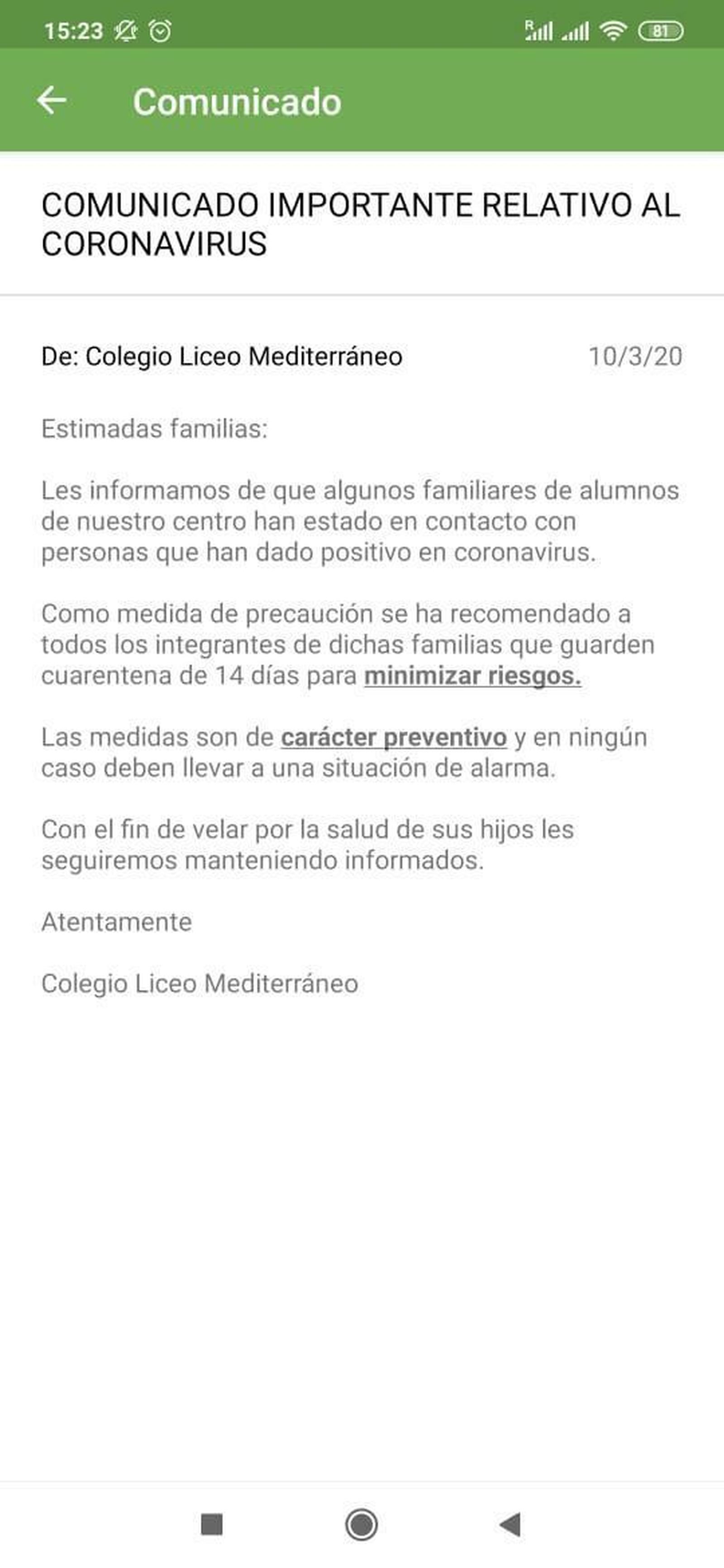 Comunicado que ha enviado el colegio a los padres