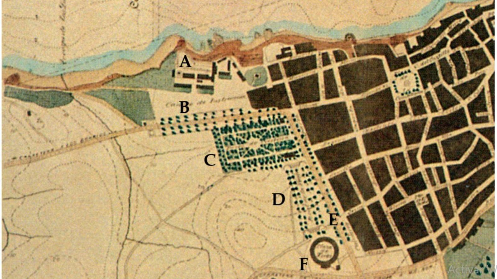 Plano de la zona norte de la ciudad de Algeciras realizado en 1913. En él se han señalado los siguientes elementos: A.- El Fuerte de Santiago; B.- La Alameda situada al Este del Paseo; C.- El Paseo Reina Cristina; D.- La Alameda de la Feria; E.- La Alameda Nueva y F.- La plaza de toros La Perseverancia.