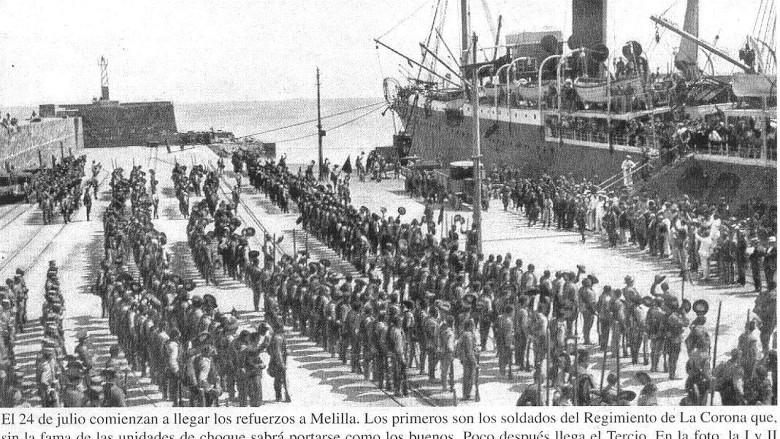 Desembarco en Melilla a las 7 horas de  la madrugada del 24 de julio de 1921 de las tropas del 2º batallón del Regimiento de la Corona de Almería, que llegaron en el vapor “Isla de Menorca” procedentes del puerto de Almería. Fueron los primeros militares que llegaron al socorro y defensa de Melilla tras el desastre de Annual. Ese honor pertenece a Almería