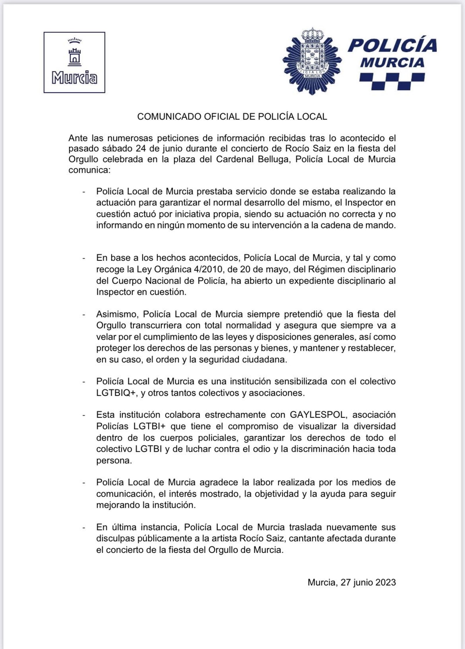 Comunicado oficial de la Policía Local de Murcia