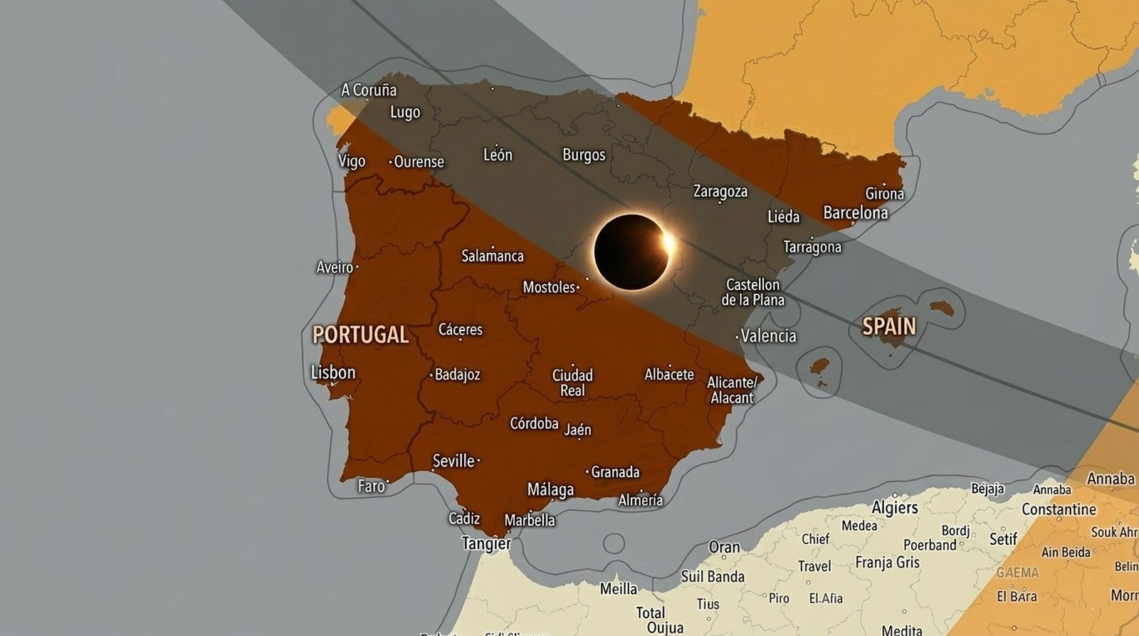 Mapa del recorrido del eclipse solar del 12 de agosto de 2026: el norte de España verá la totalidad y Andalucía un eclipse parcial muy profundo.