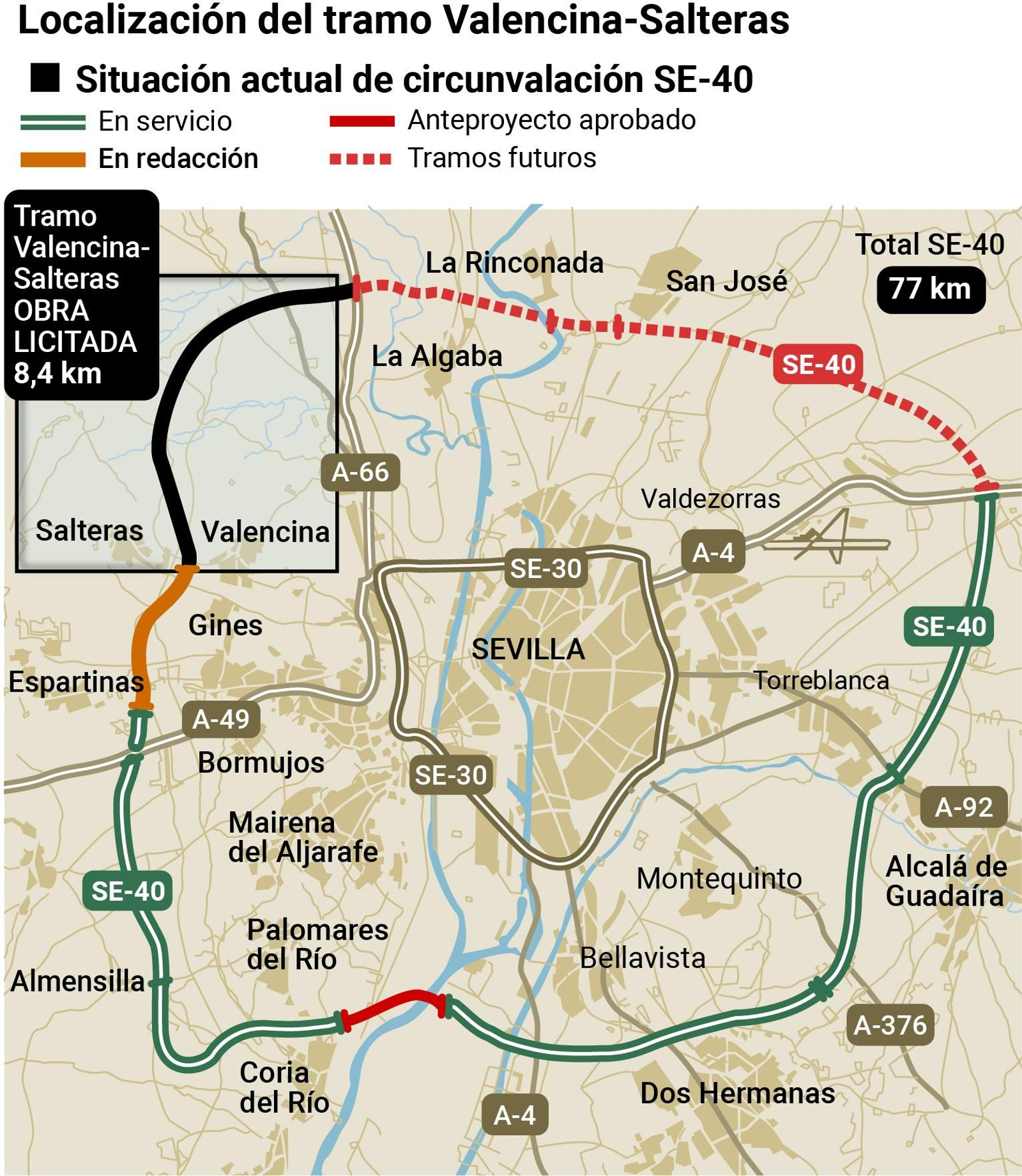 Localización del tramo de la SE-40 Valencina-Salteras. Fuente: Departamento de Infografía