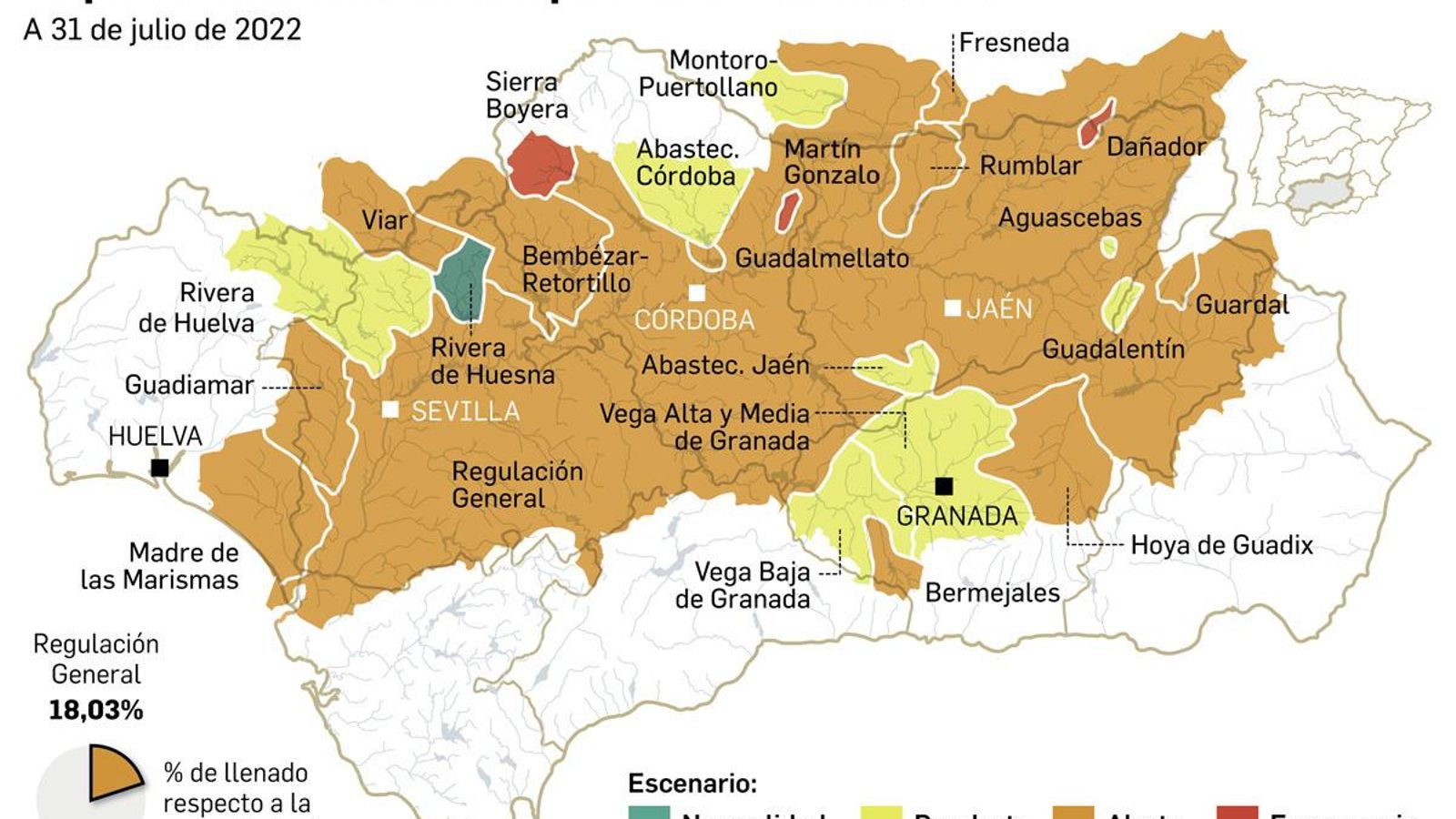 El estado de las reservas de agua embalsada en Andalucía.