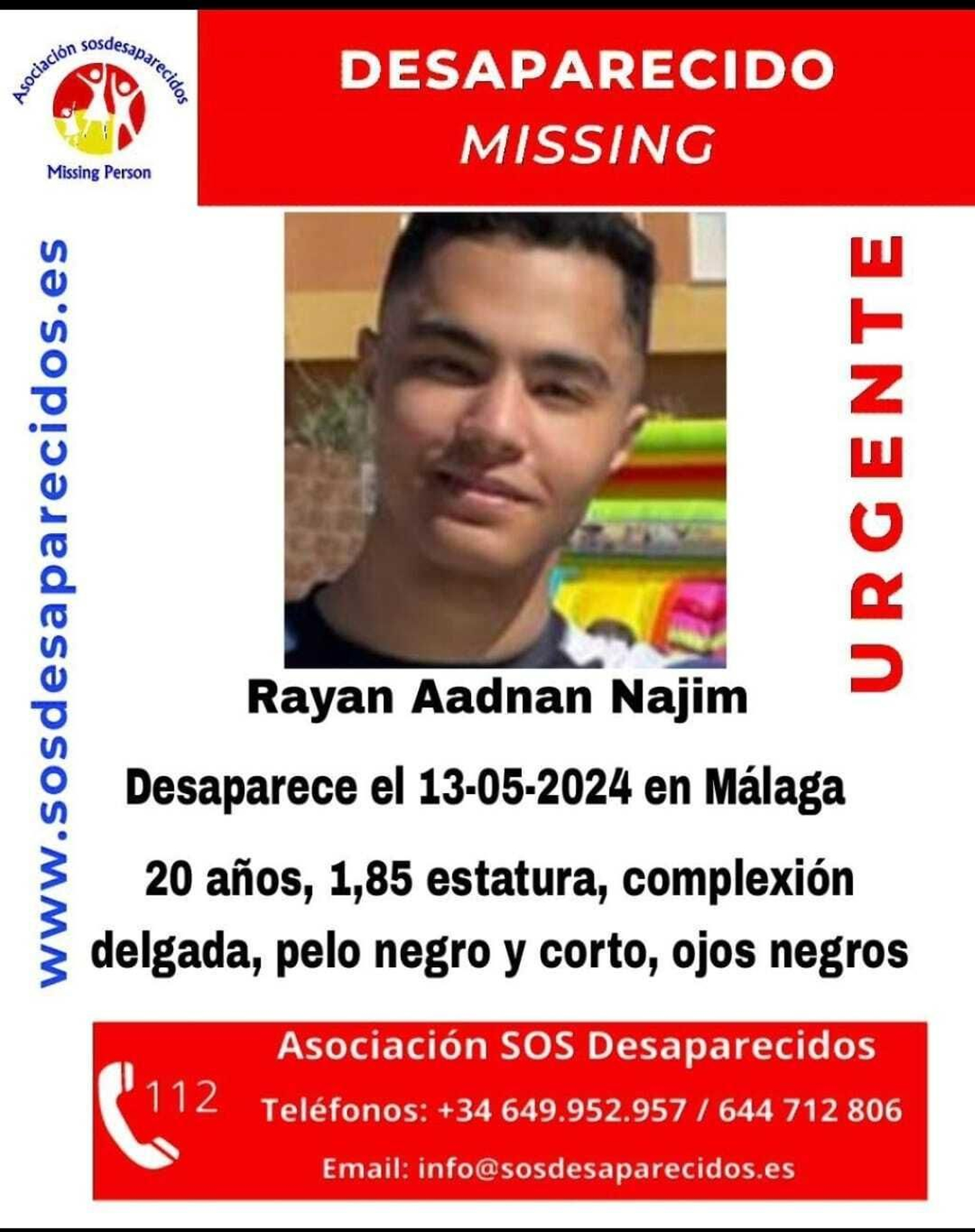 Rayan Aadnan Najim, joven de 20 años desaparecido en Málaga.