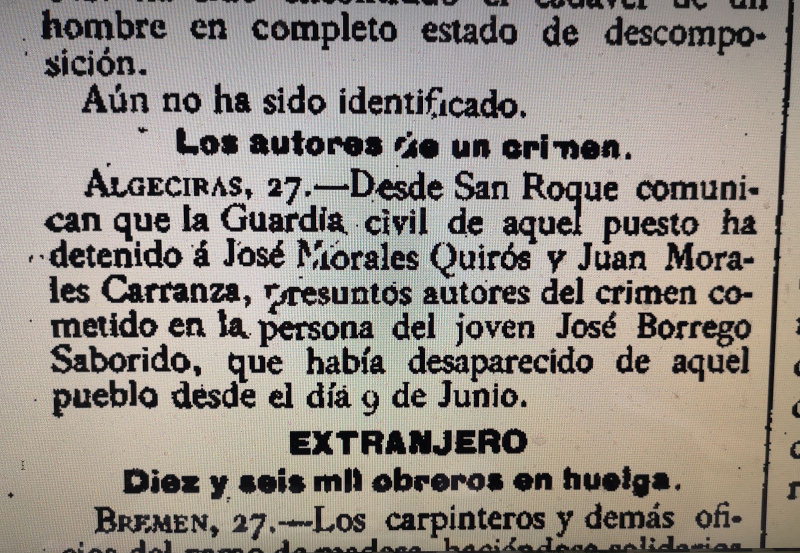 Noticia de la detención de los autores del crimen cometido en San Roque el 9 de junio de 1913.