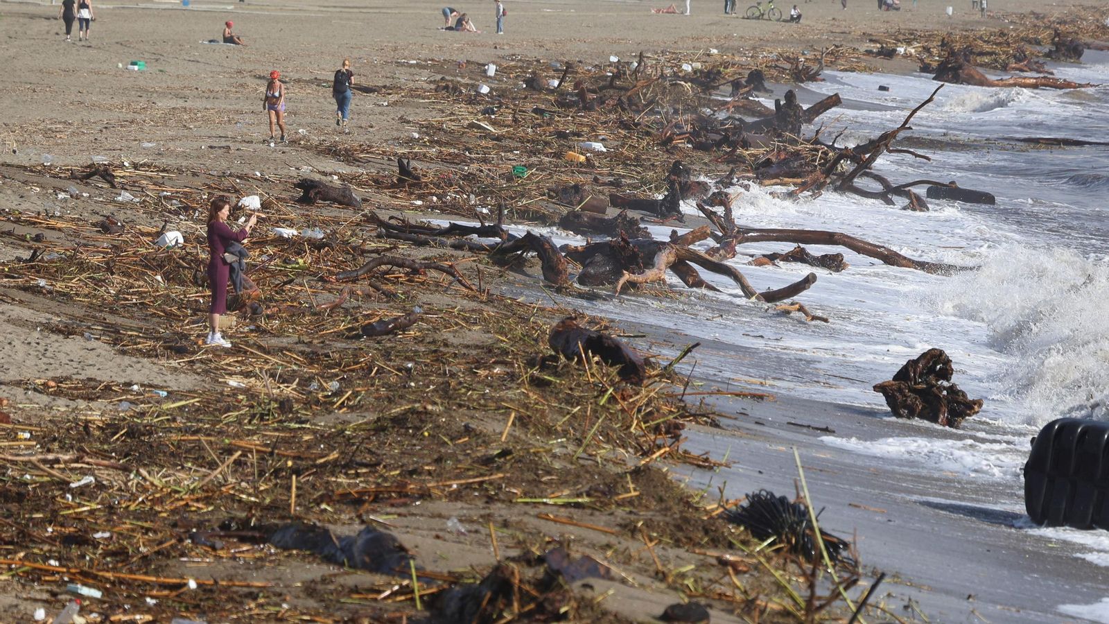La playa de La Malagueta se encuentra llena de barro, cañas y desperdicios tras el paso de la DANA.
