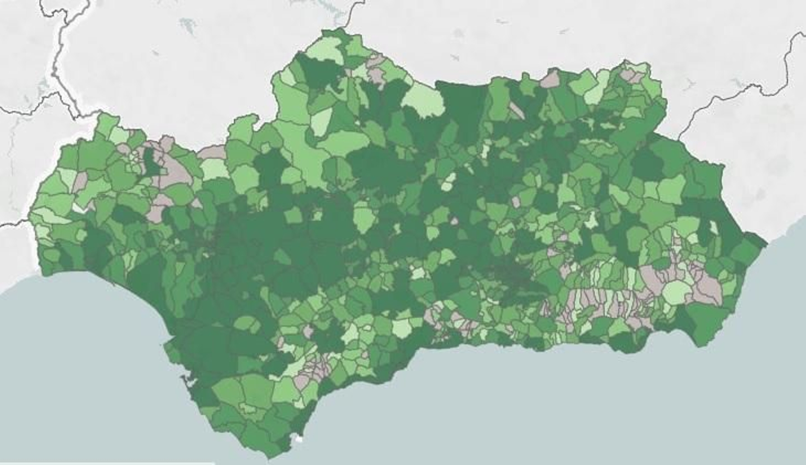 Mapa de casos diagnosticados en los últimos 14 días en Andalucía.