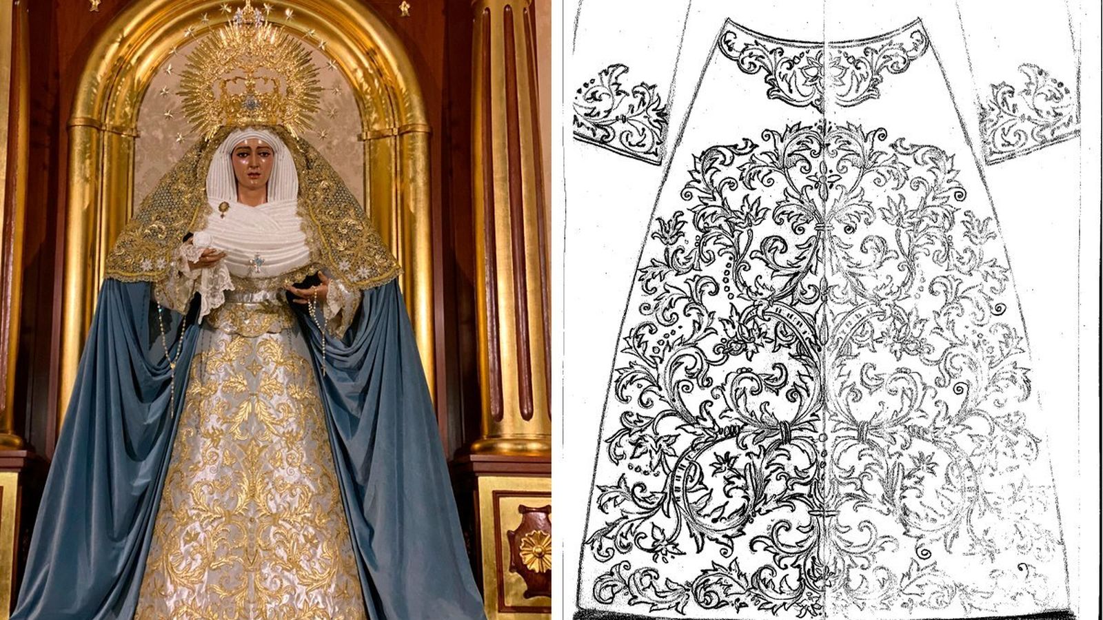 La saya que viste actualmente María Santísima de Fe y Caridad, bordada en aplicación sobre soporte de tisú, fue diseñada por su autor, don Luis Álvarez Duarte, en 1989, antes incluso de la bendición de la imagen. Lleva su firma.