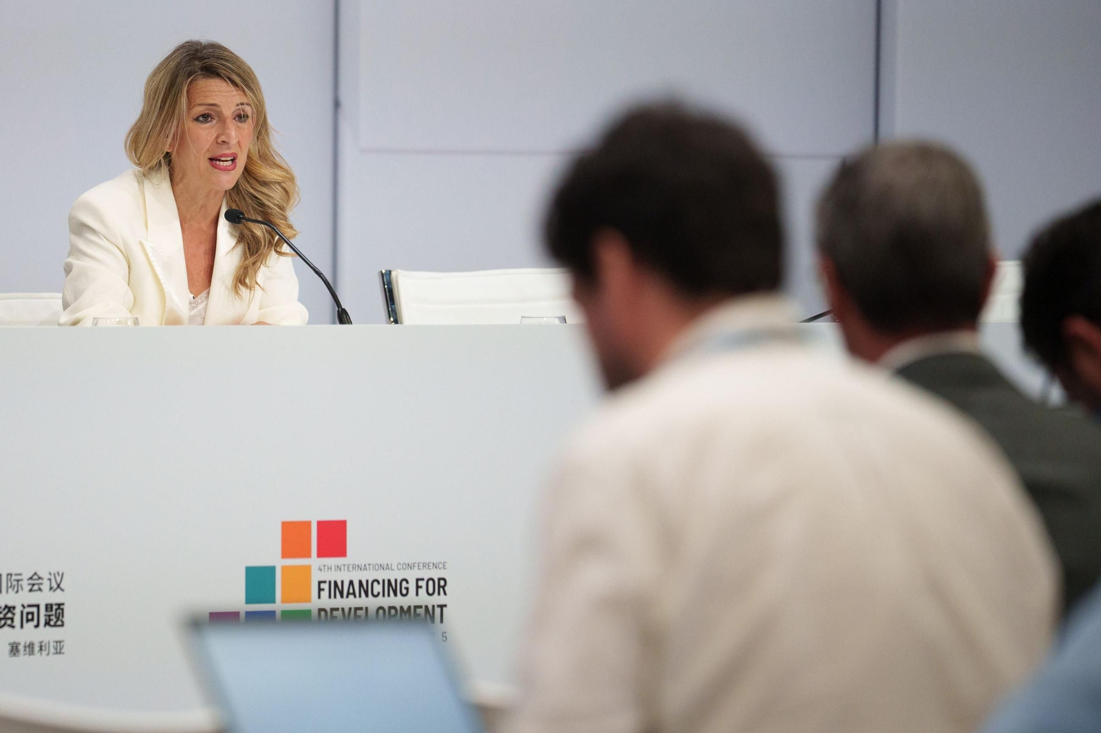 La vicepresidenta Yolanda Díaz durante la rueda de prensa ofrecida en el marco de la cumbre de la ONU.