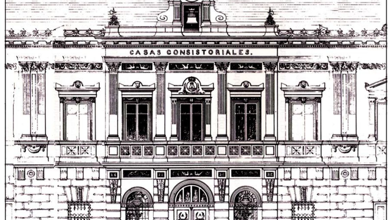 Fachada principal del proyecto de Casa Consistorial para Algeciras de Amadeo Rodríguez. Cádiz, 27 de junio de 1887.