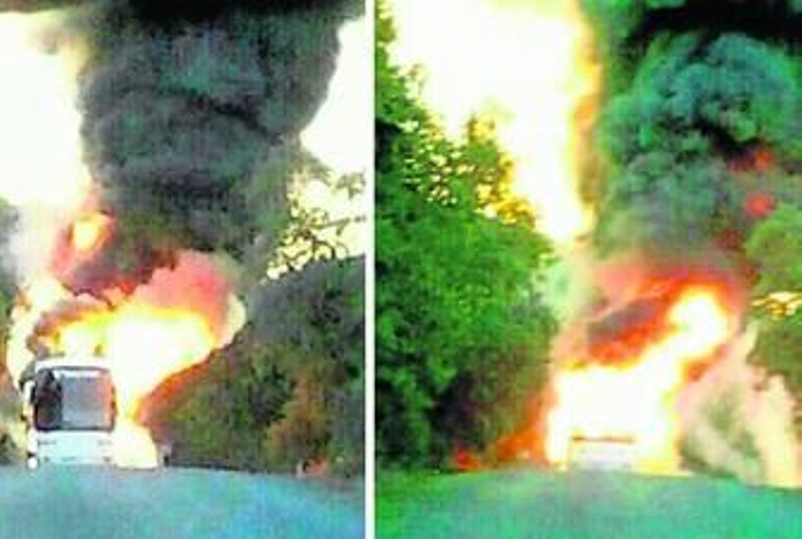 Dos instantáneas del autocar envuelto en llamas durante el espectacular incendio.
