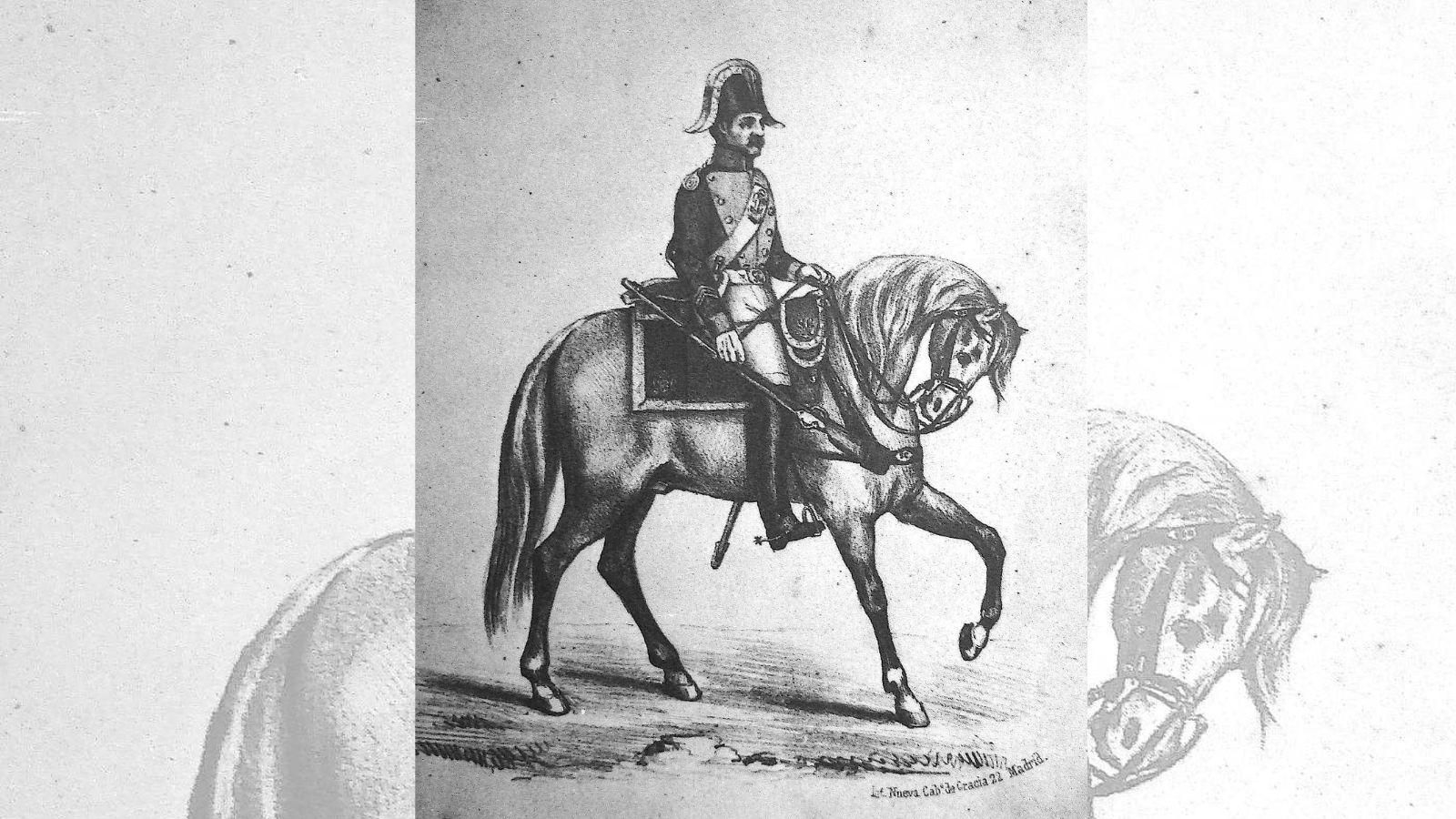 Grabado publicado en 1846 de un guardia civil de Caballería con uniforme de gala.