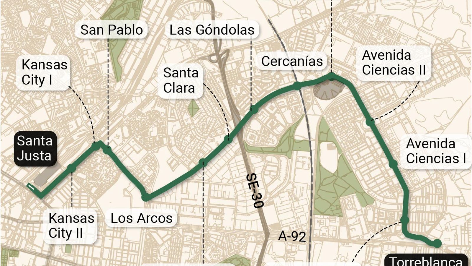 Recorrido y paradas del tranvibús a Sevilla Este y Torreblanca