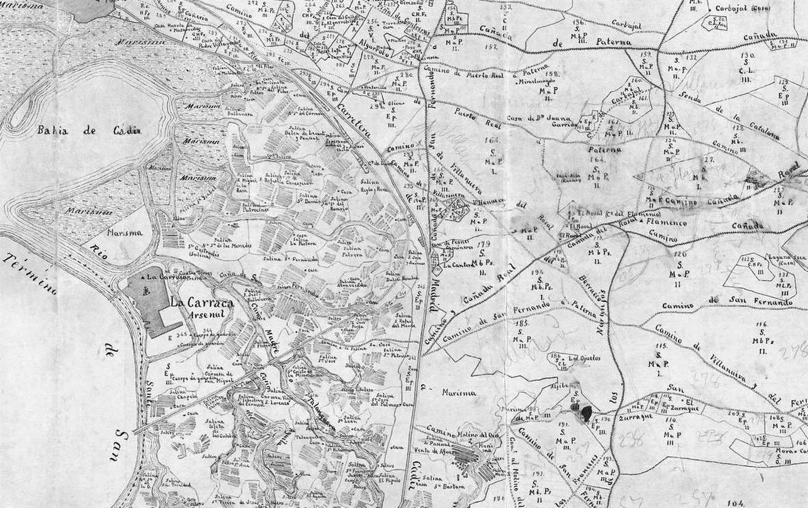 Plano de Puerto Real, fechado en 1897, con las parcelaciones de las numerosas salinas y cultivos de la época.