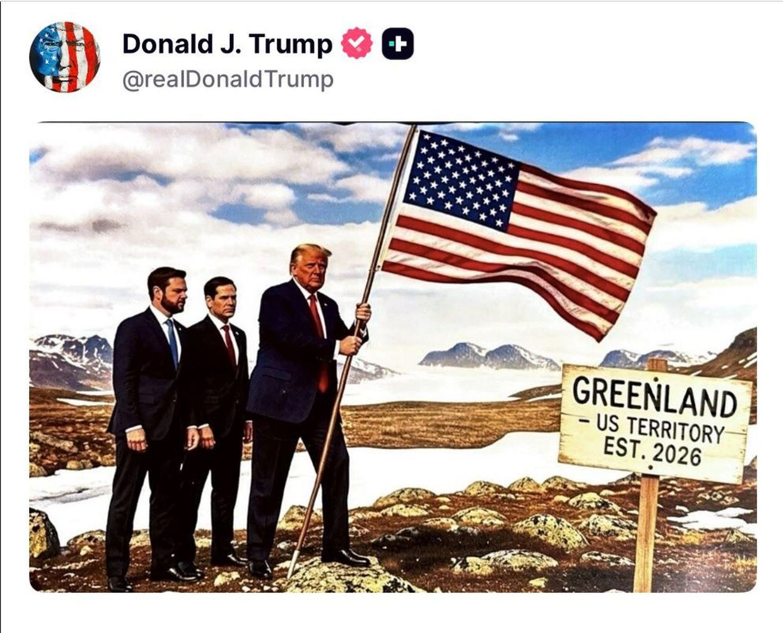 Imagen publicada por Trump en su red social Truth y creada con inteligencia artificial en el que aparece junto a su secretario de Estado, Marco Rubio, y su vicepresidente J.D. Vance, plantando una bandera estadounidense en Groenlandia.