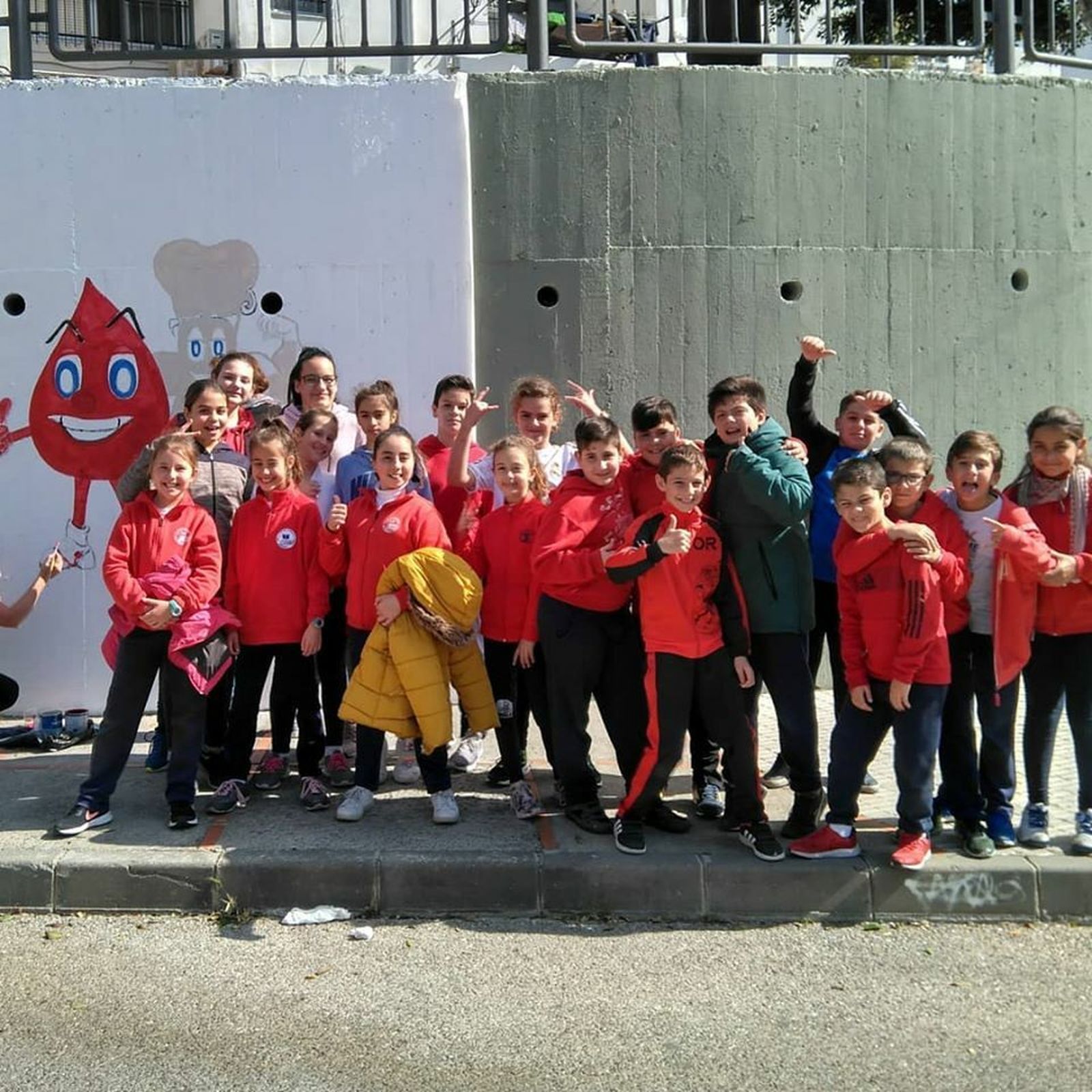 Grupo de alumnos del colegio La Ardila que ha participado en la elaboración del mural a favor de la donación de sangre y médula.