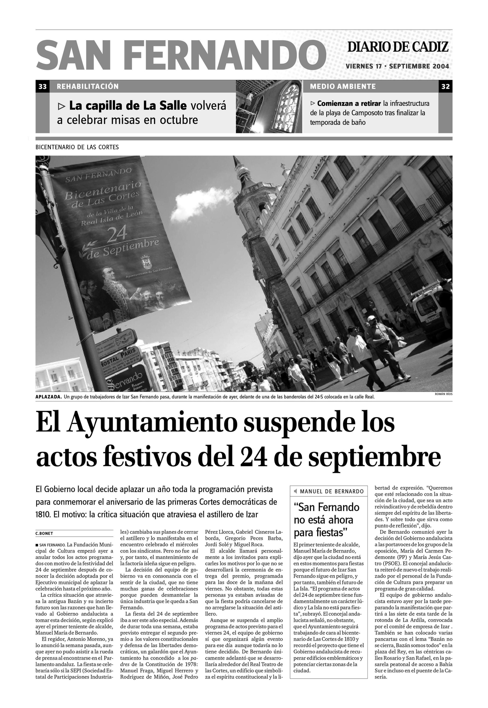 Portada del periódico en 2004 anunciando la suspensión de los actos del 24 de septiembre